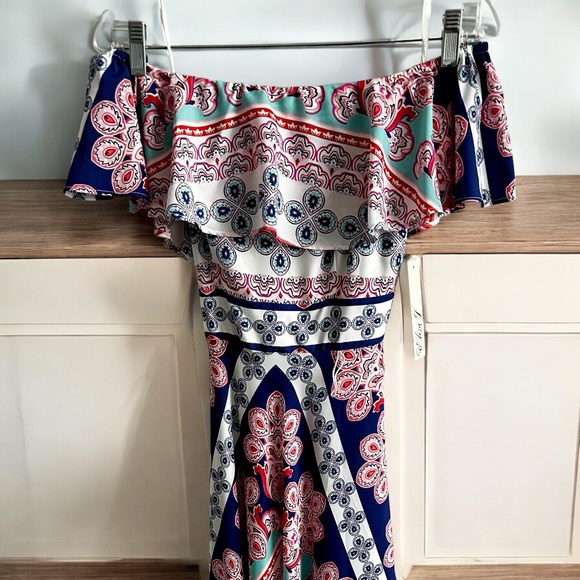 Eliza J Off Shoulder Floral Maxi Dress with Pink Belt - Picture 3 of 5